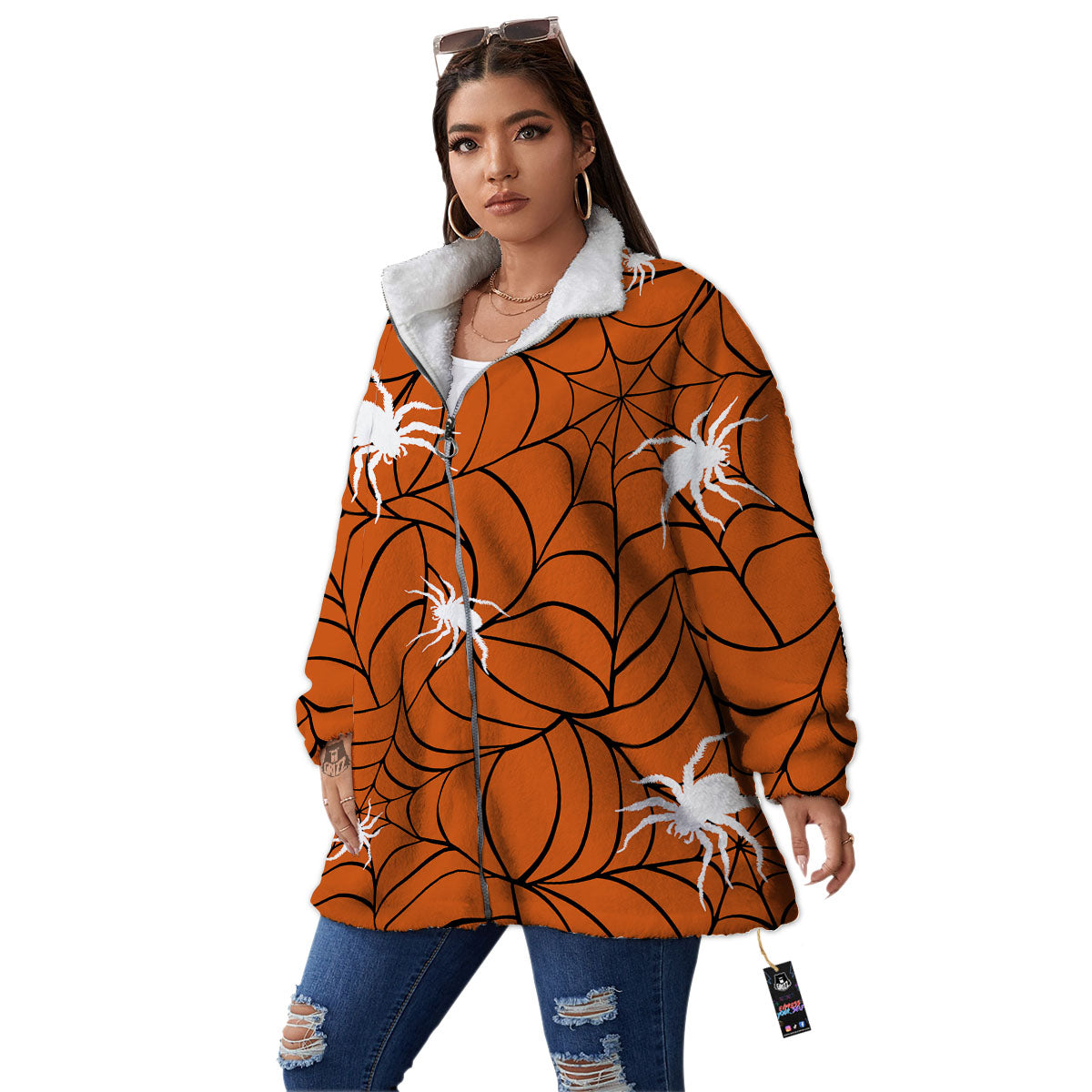 Spider Web Orange And Black Print Women's Sherpa Jacket-grizzshop