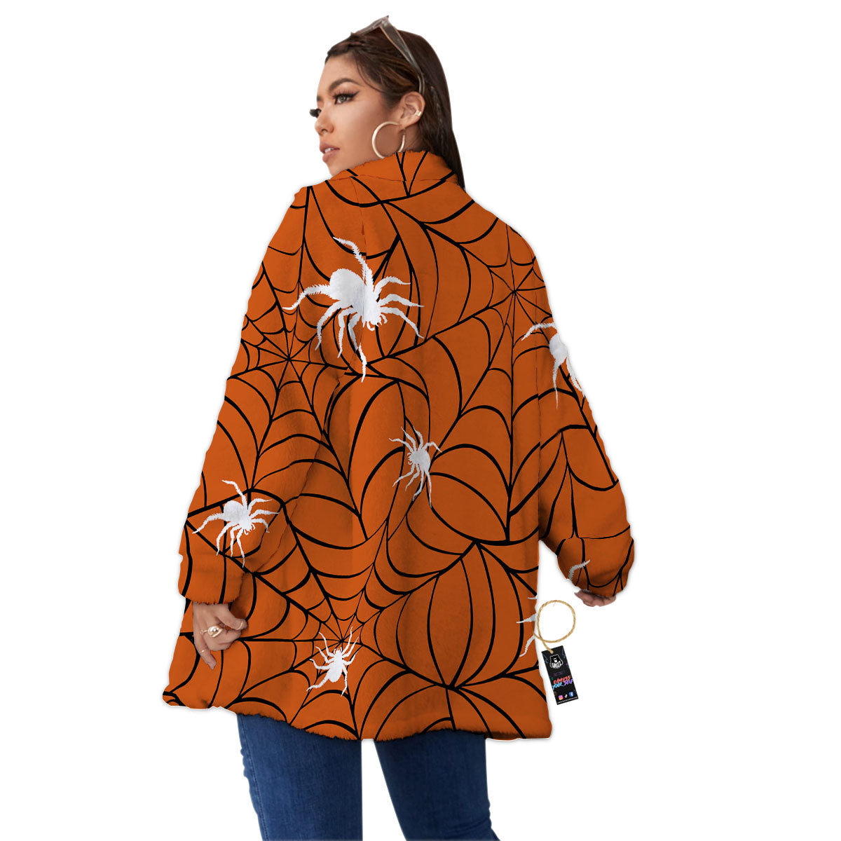 Spider Web Orange And Black Print Women's Sherpa Jacket-grizzshop