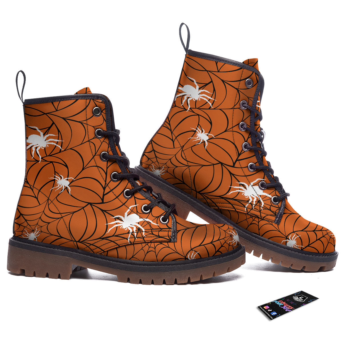 Spider Web Orange And Black Print Work Boots-grizzshop