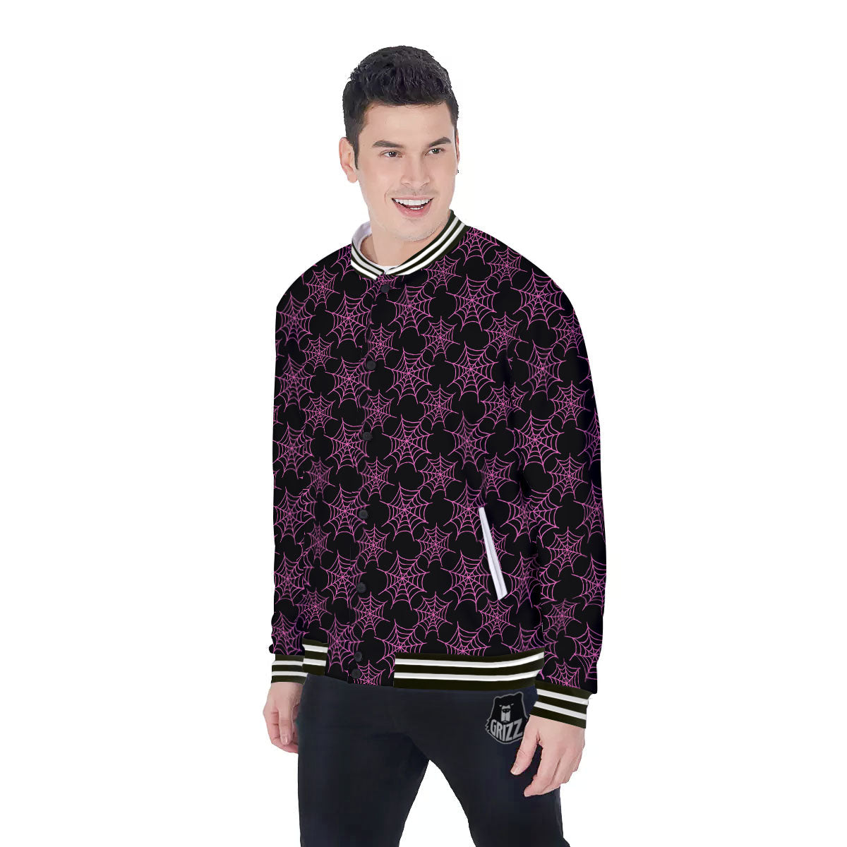Spider Web Pink And Black Print Pattern Baseball Jacket-grizzshop