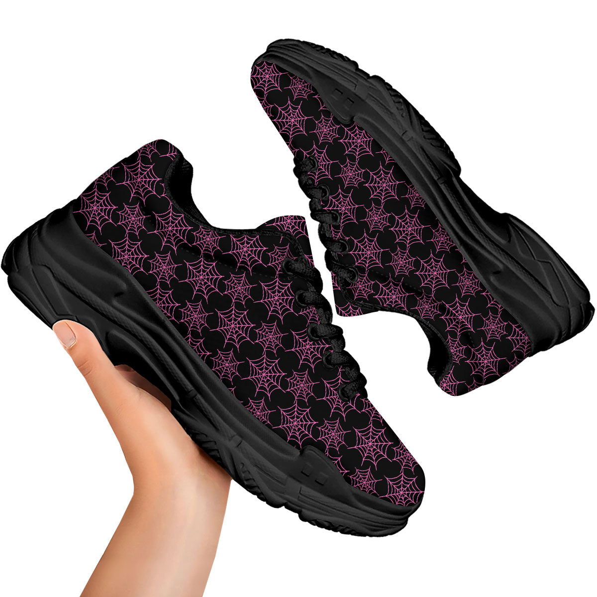 Spider Web Pink And Black Print Pattern Black Chunky Shoes-grizzshop
