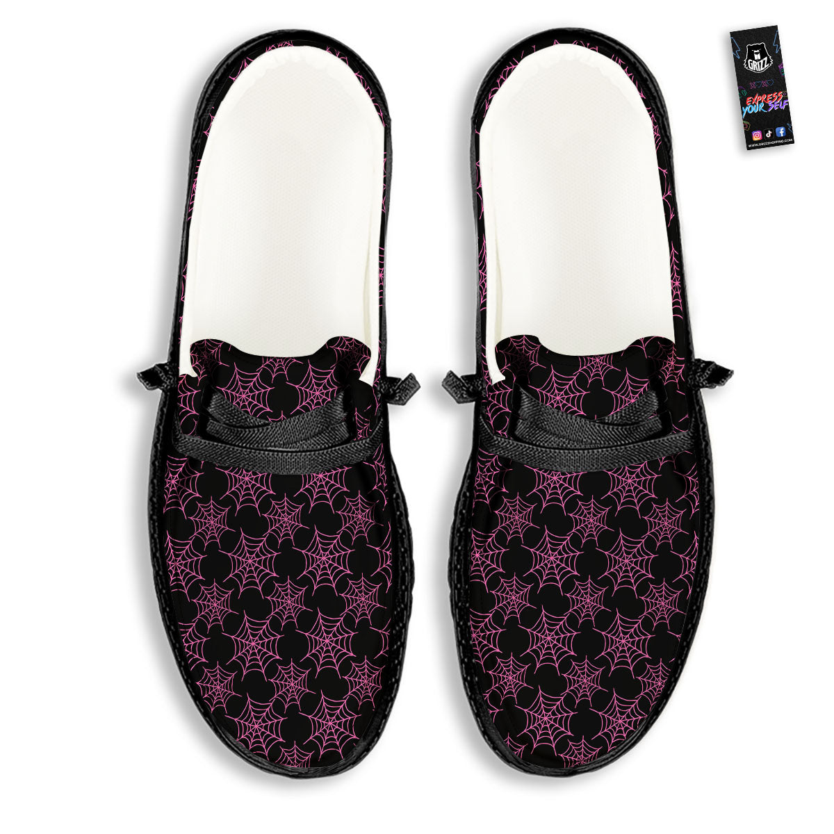 Spider Web Pink And Black Print Pattern Black Loafers-grizzshop