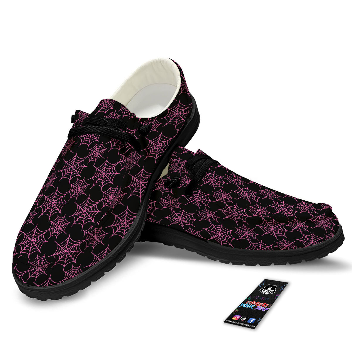 Spider Web Pink And Black Print Pattern Black Loafers-grizzshop