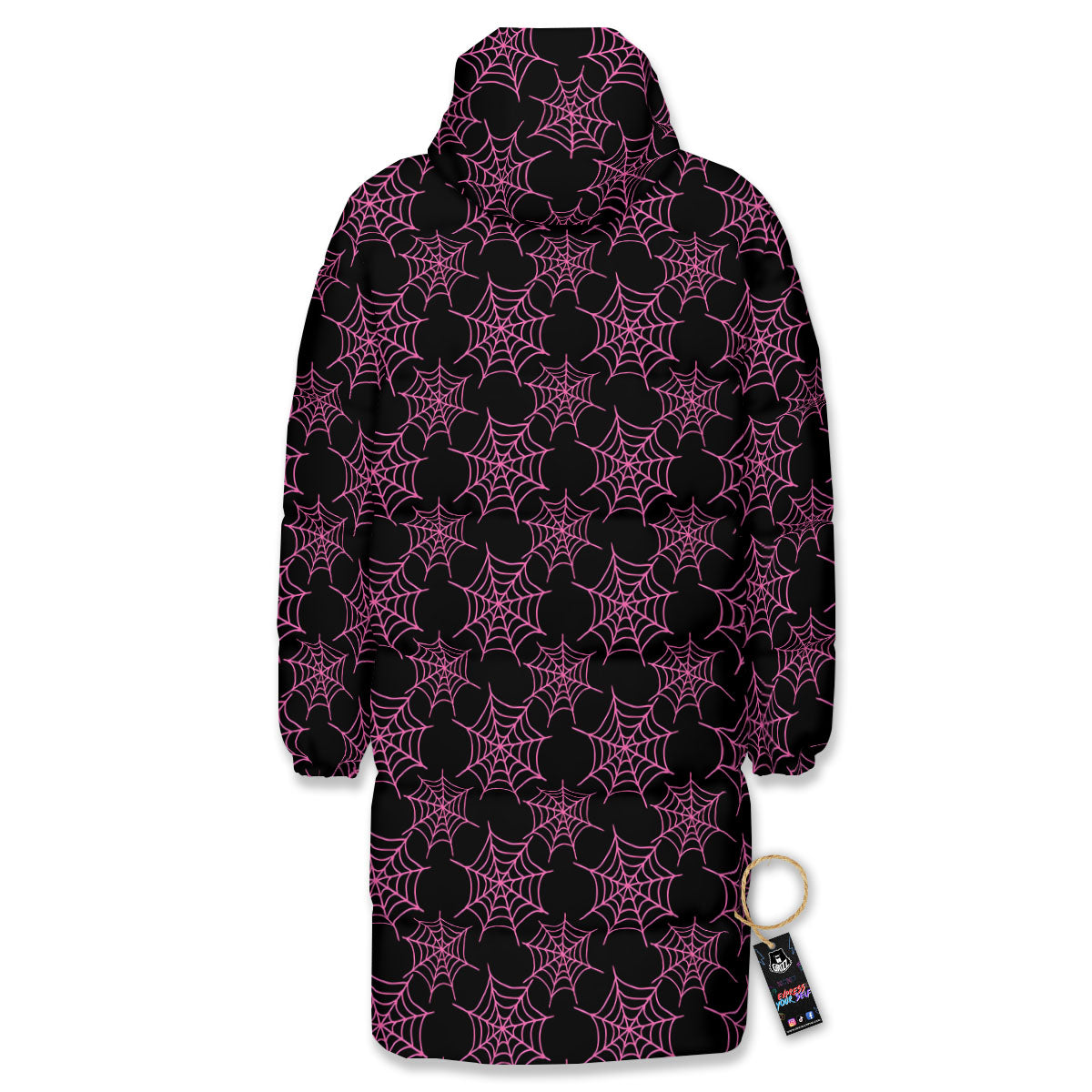 Spider Web Pink And Black Print Pattern Long Down Jacket-grizzshop