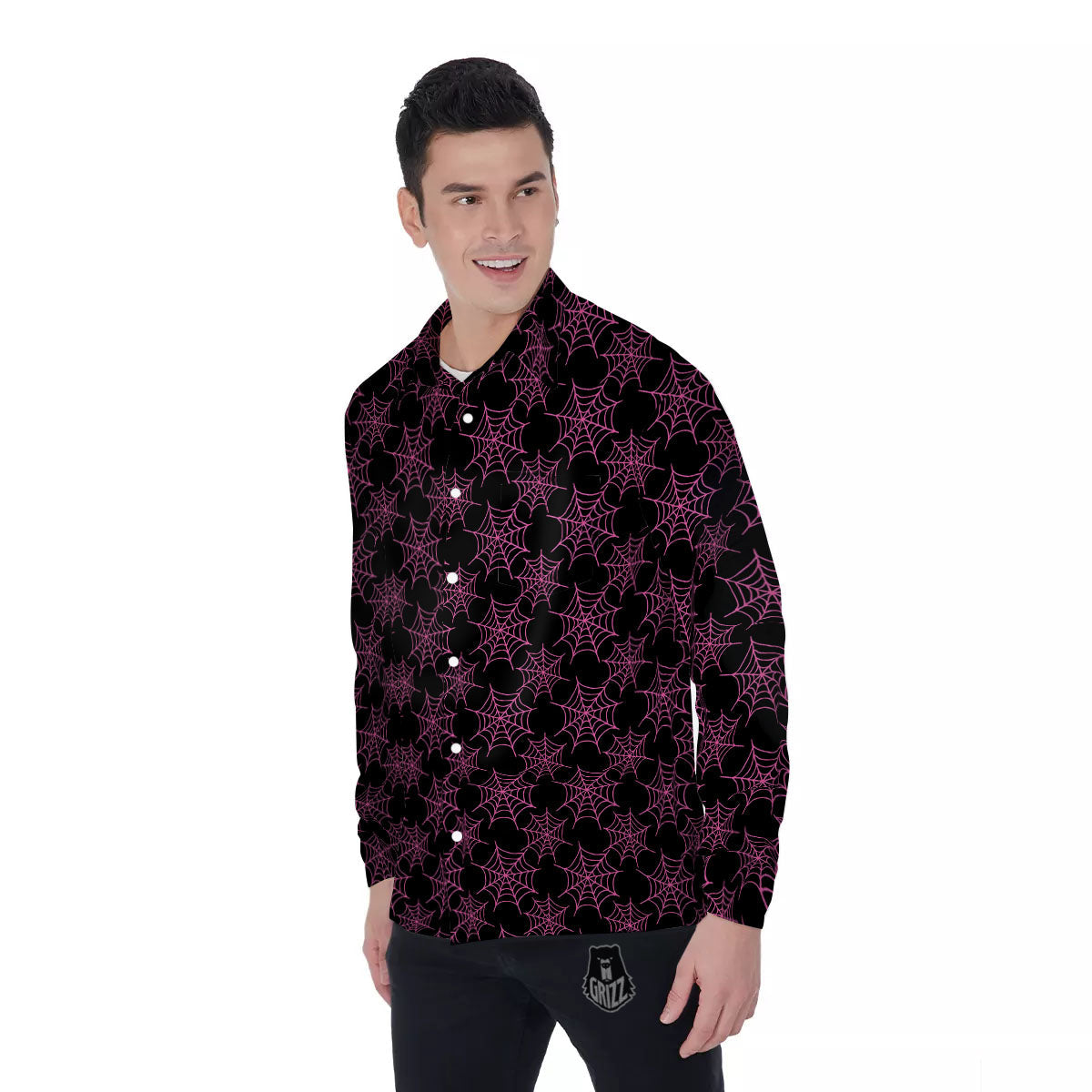 Spider Web Pink And Black Print Pattern Men's Long Sleeve Shirts-grizzshop
