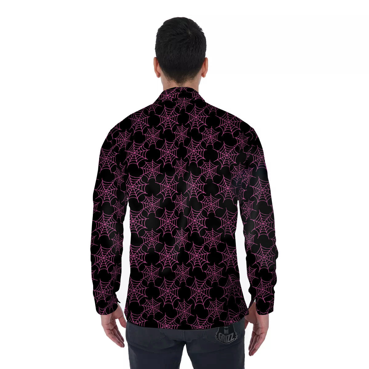 Spider Web Pink And Black Print Pattern Men's Long Sleeve Shirts-grizzshop