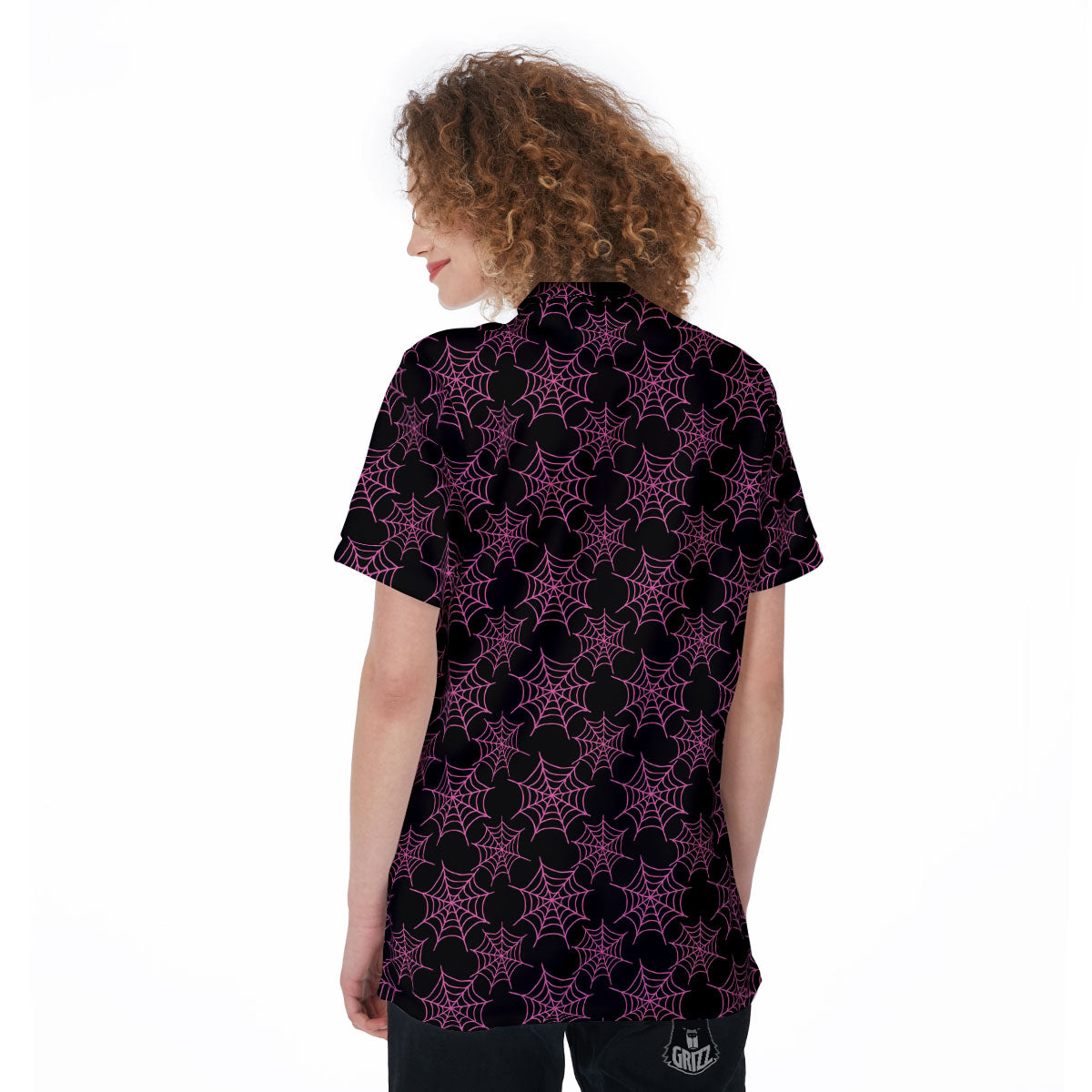 Spider Web Pink And Black Print Pattern Women's Golf Shirts-grizzshop