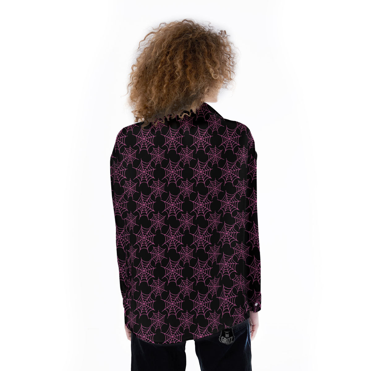 Spider Web Pink And Black Print Pattern Women's Long Sleeve Shirts-grizzshop