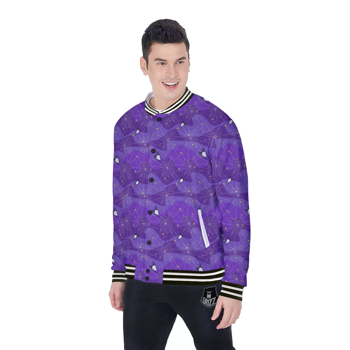 Spider Web Purple Print Pattern Baseball Jacket-grizzshop