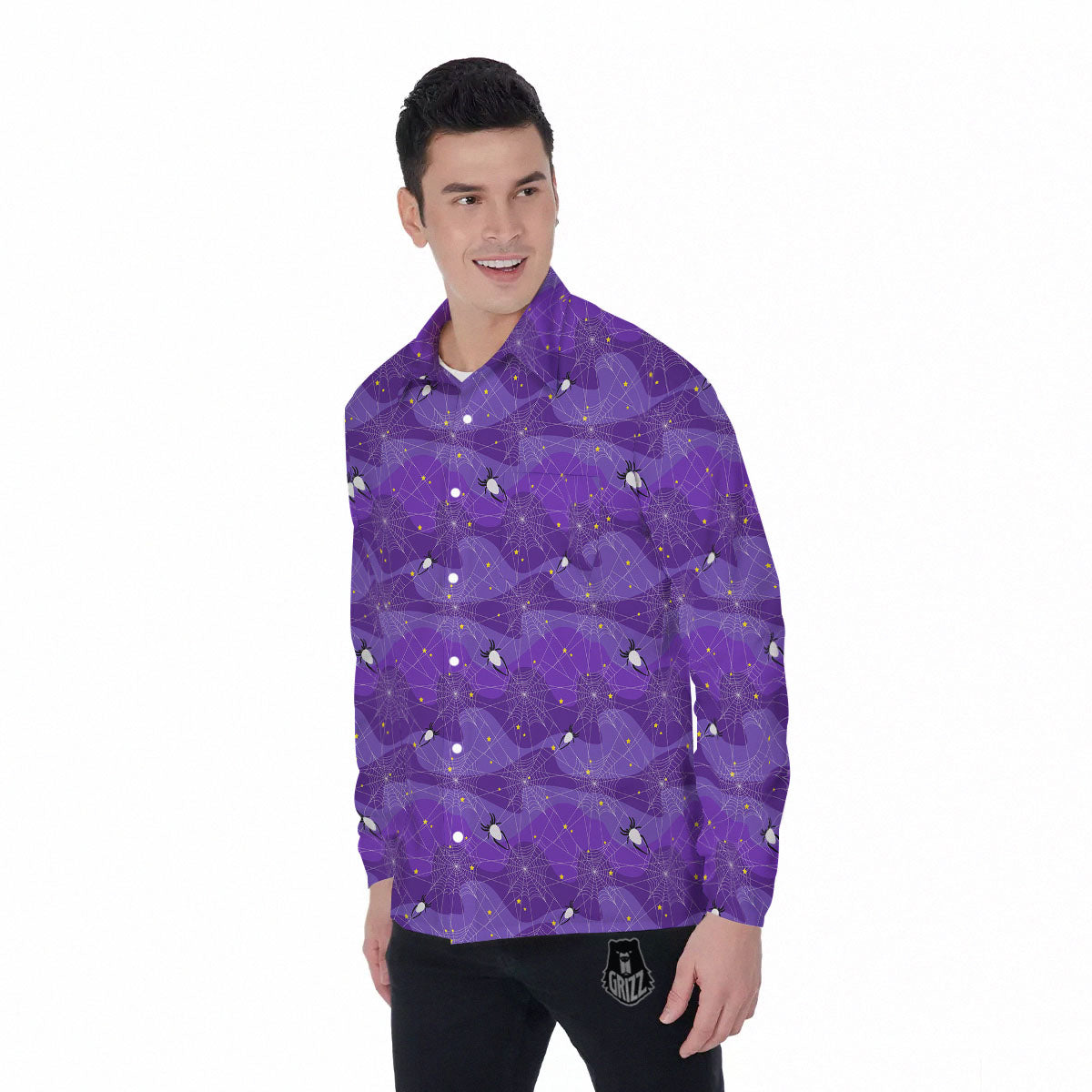 Spider Web Purple Print Pattern Men's Long Sleeve Shirts-grizzshop