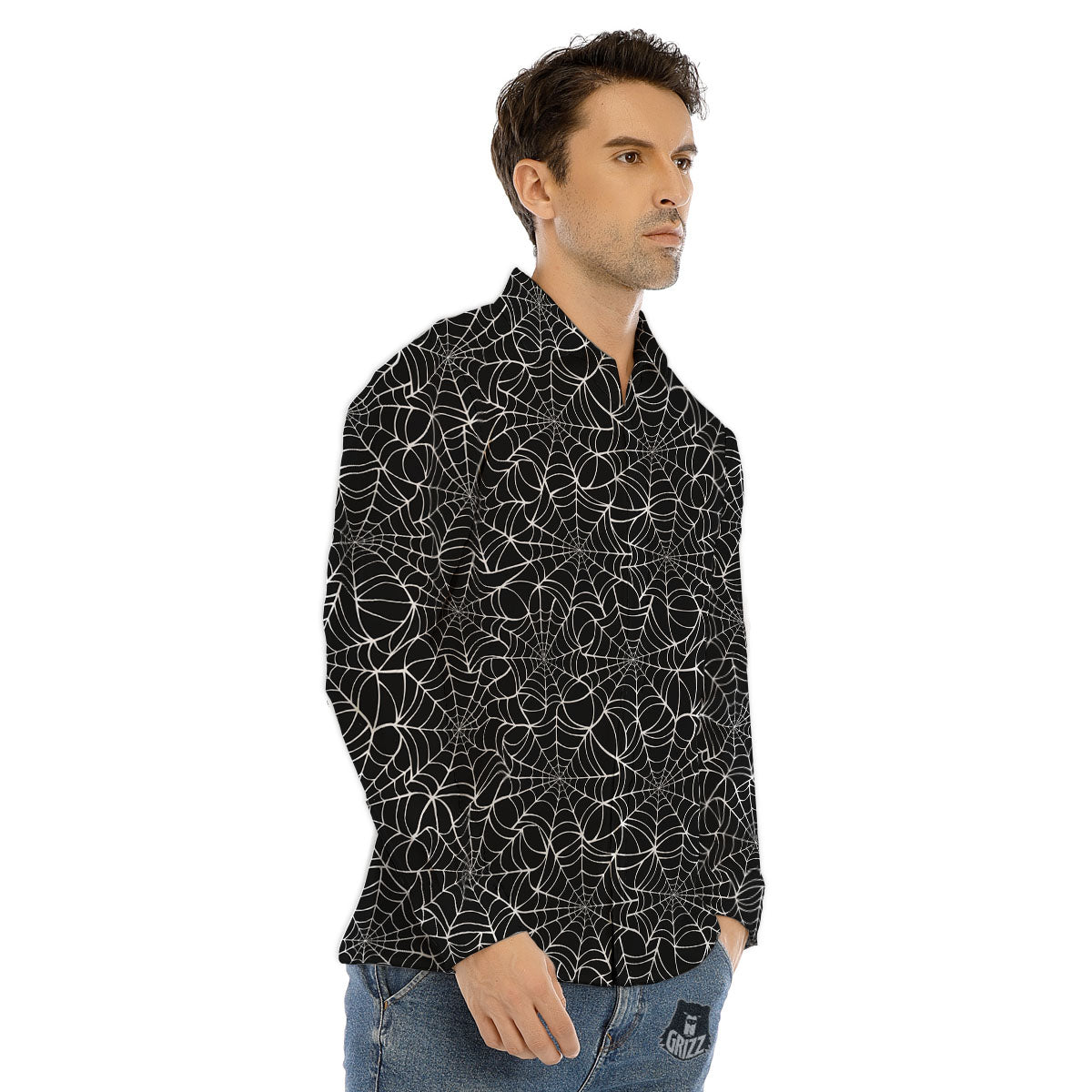Spider Web White And Black Print Pattern Men's Dress Shirts-grizzshop