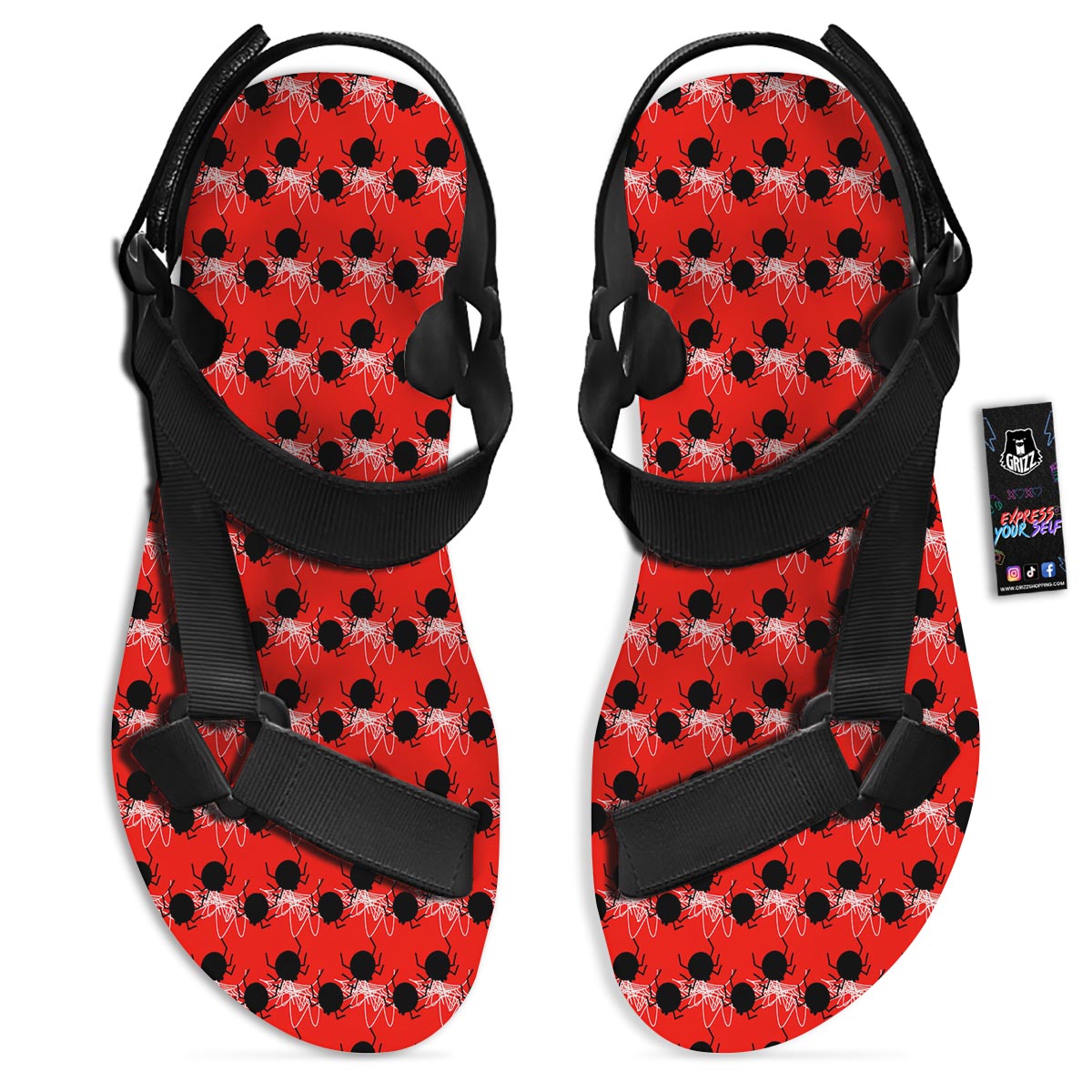 Spider Web White And Red Print Pattern Black Open Toe Sandals-grizzshop
