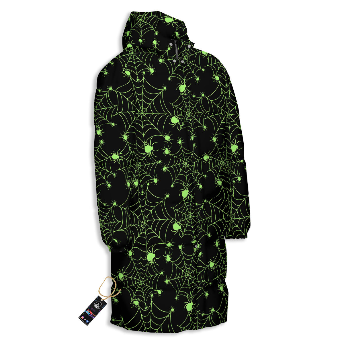 Spider Black And Green Neon Spider Web Print Pattern Long Down Jacket