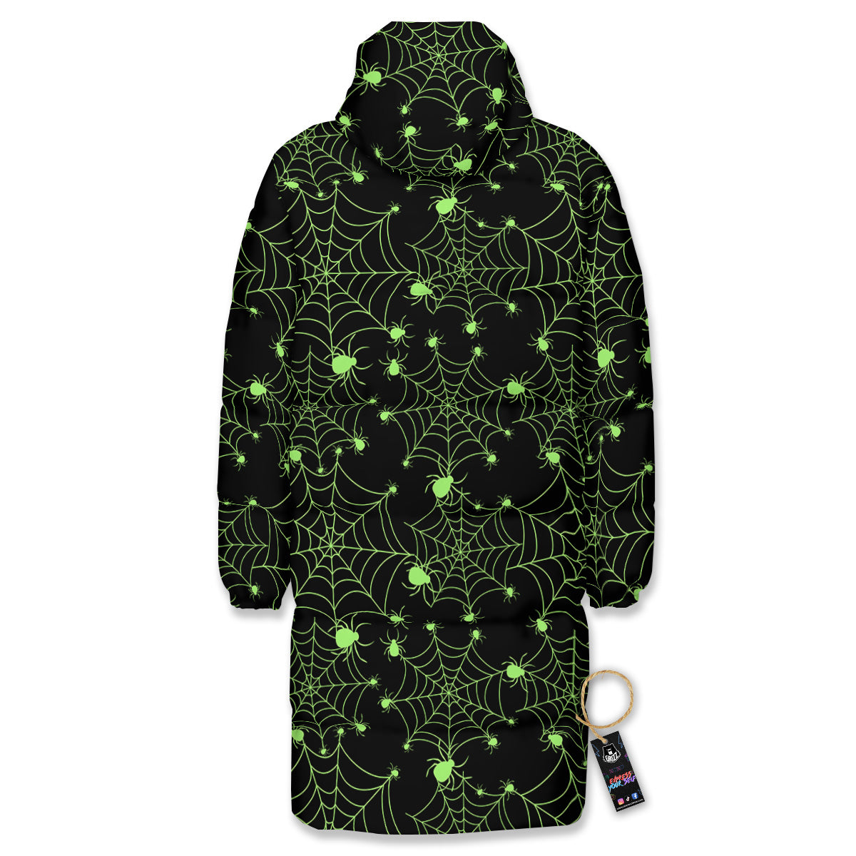Spider Black And Green Neon Spider Web Print Pattern Long Down Jacket