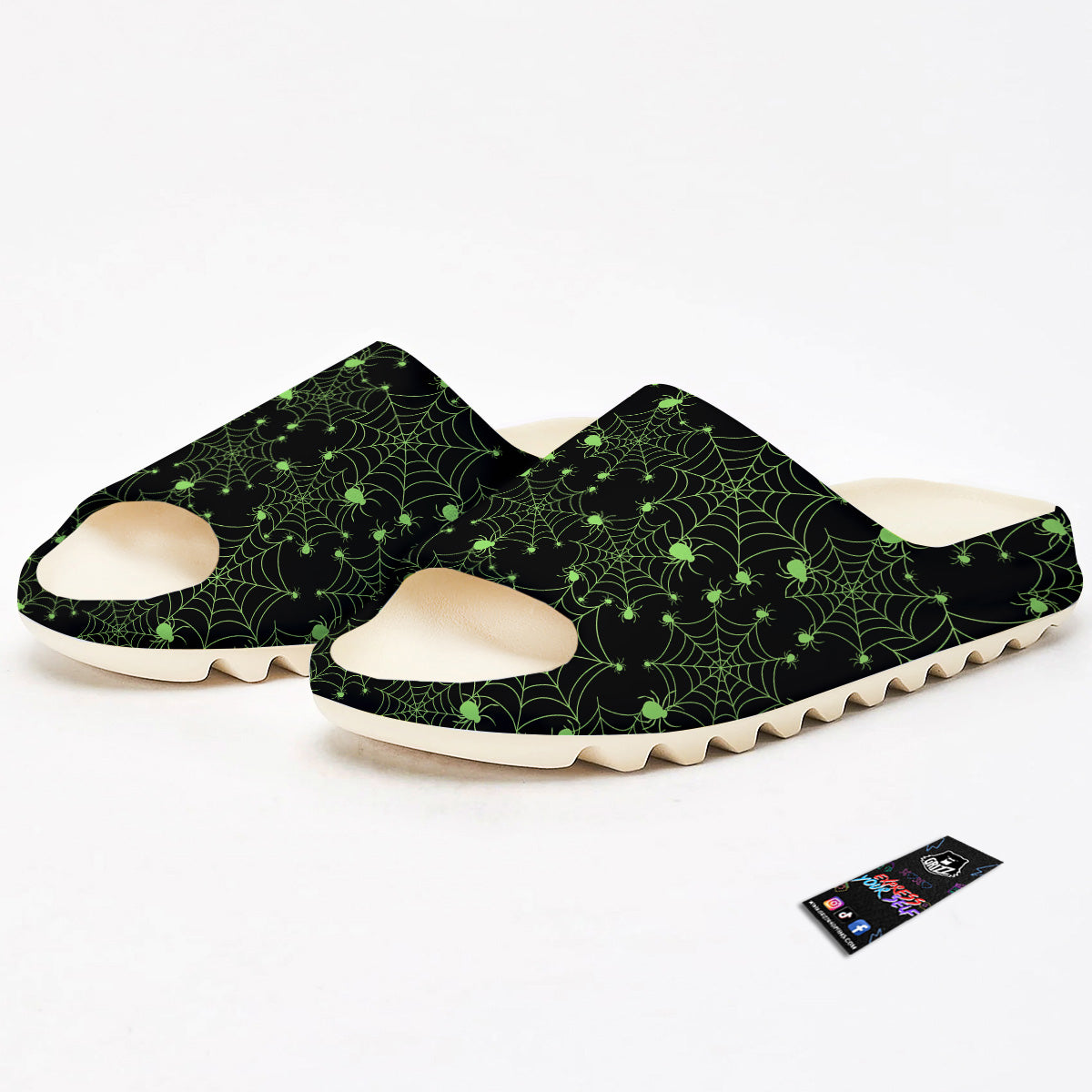 Spider Black And Green Neon Spider Web Print Pattern Sandals-grizzshop