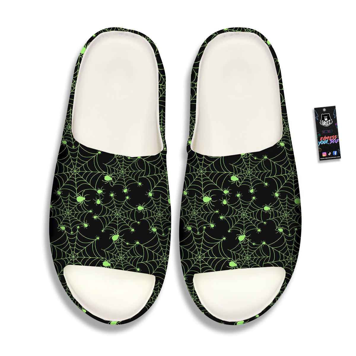 Spider Black And Green Neon Spider Web Print Pattern Sandals-grizzshop