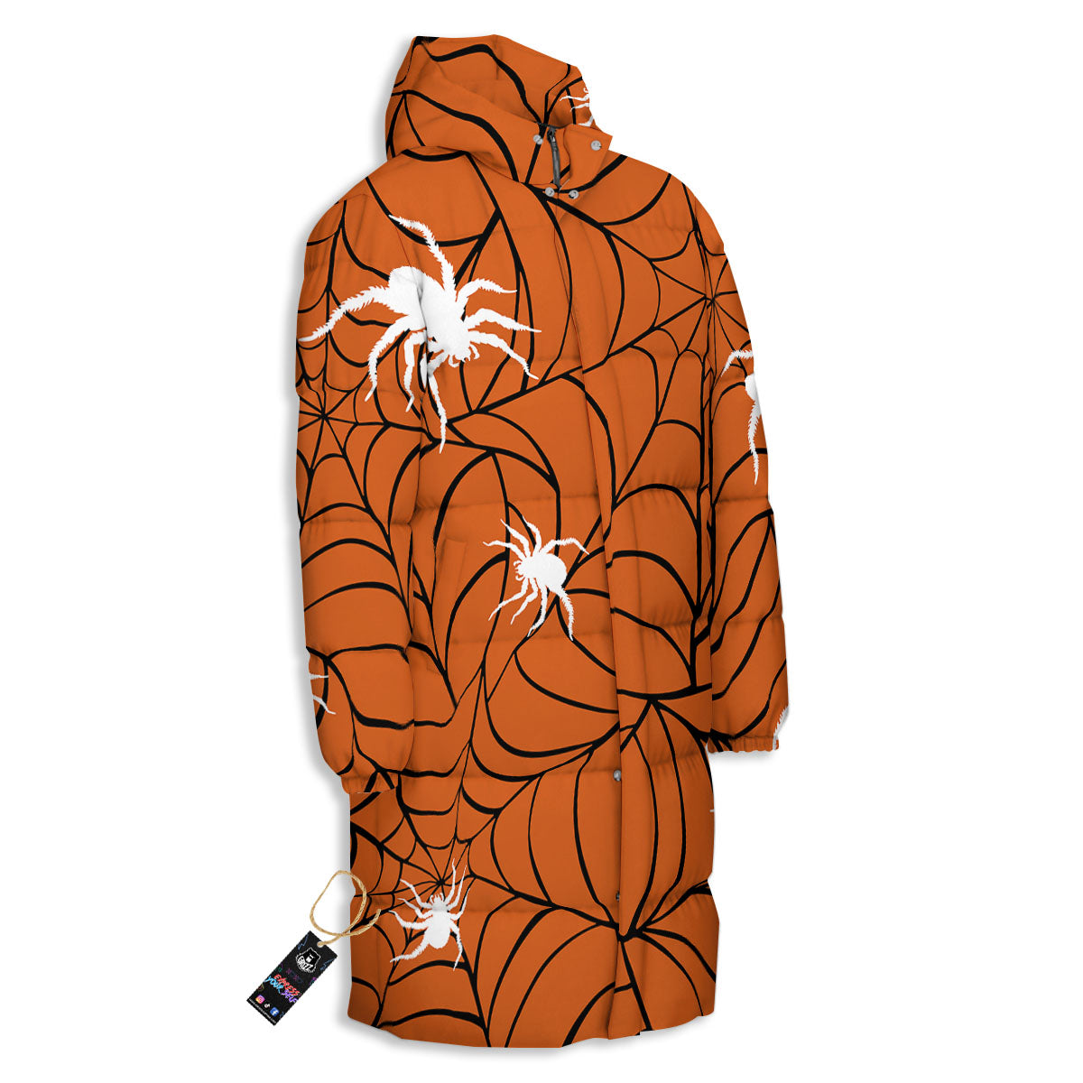 Spider Web Orange And Black Print Long Down Jacket