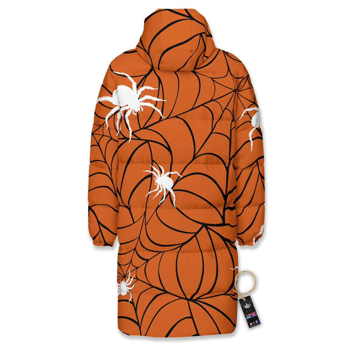 Spider Web Orange And Black Print Long Down Jacket