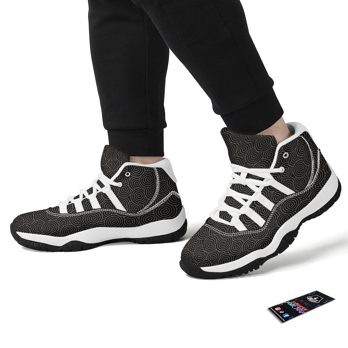 Spiral Black Print Pattern White Bball Shoes-grizzshop