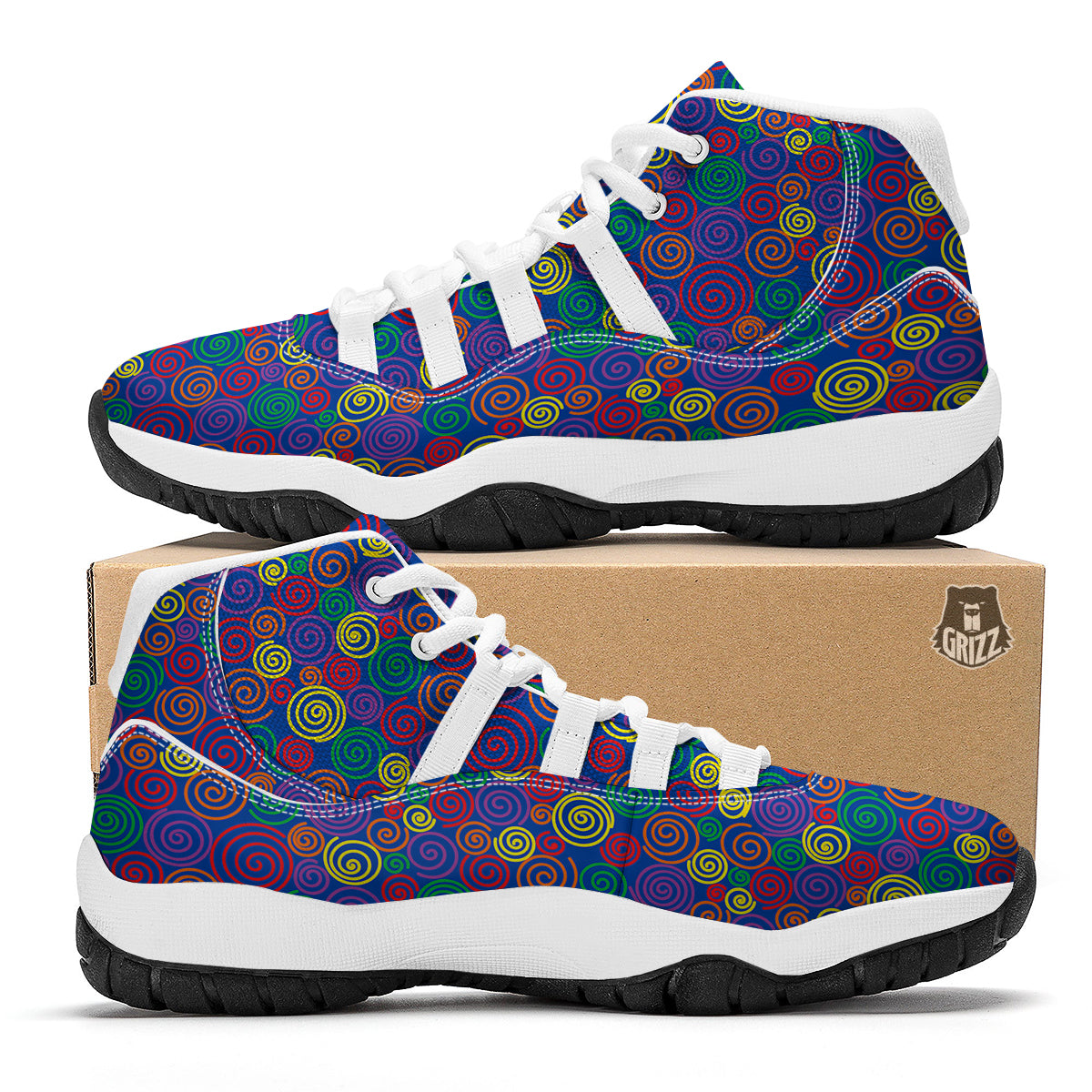 Spiral Colorful Print Pattern White Bball Shoes-grizzshop
