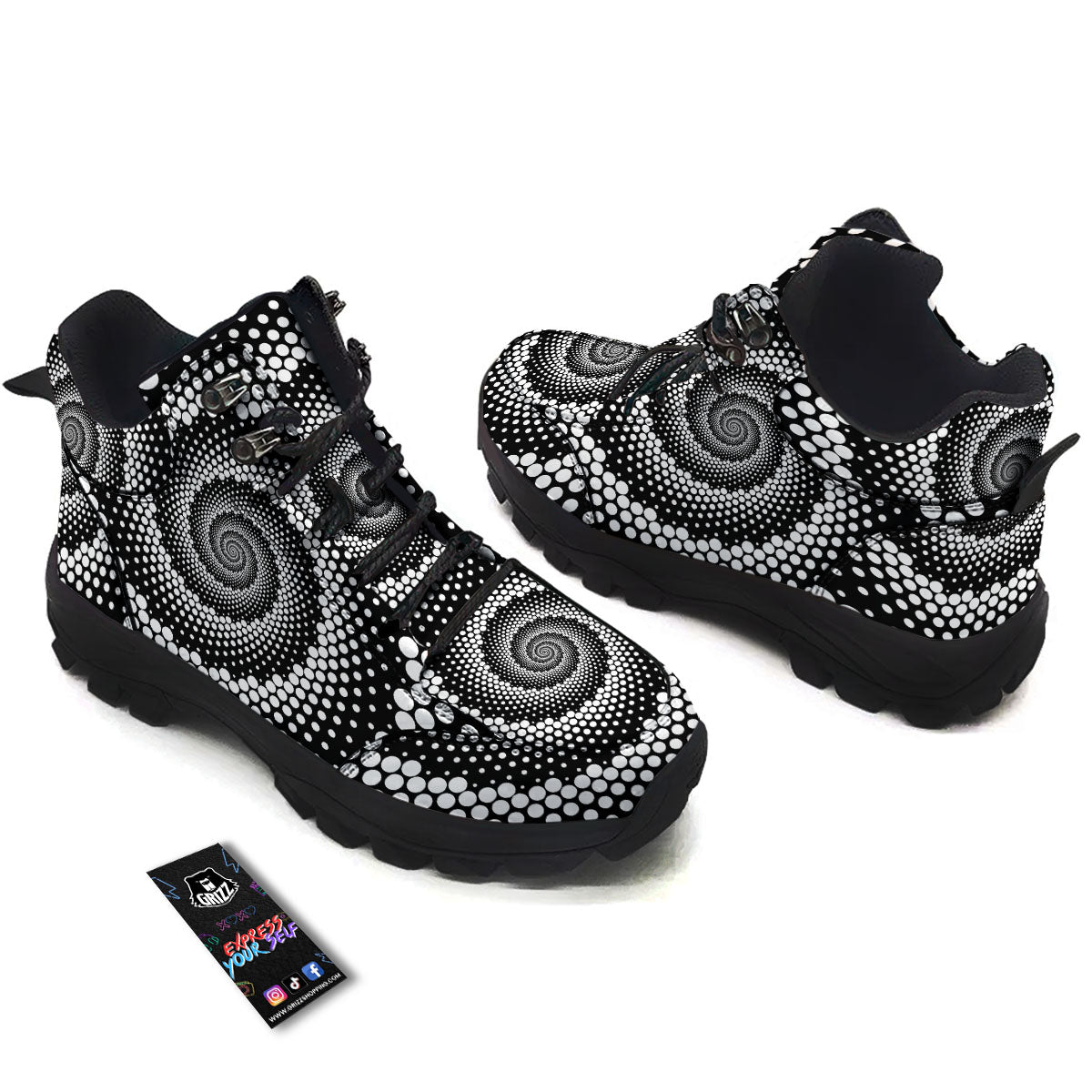 Spiral Dot White And Black Print Hiking Shoes-grizzshop