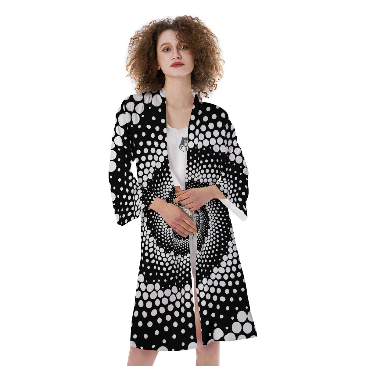 Spiral Dot White And Black Print Kimono-grizzshop