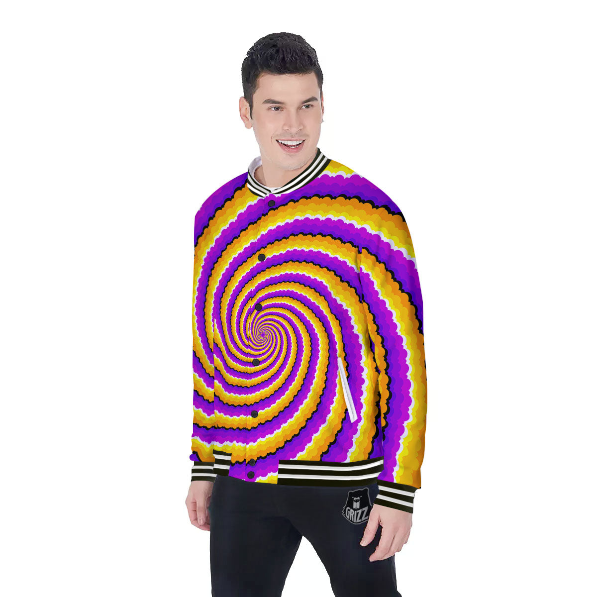 Spiral Illusion Yellow And Purple Print Baseball Jacket-grizzshop