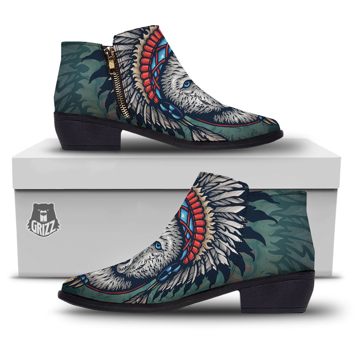 Spirit Animal Native American Wolf Print Ankle Boots-grizzshop
