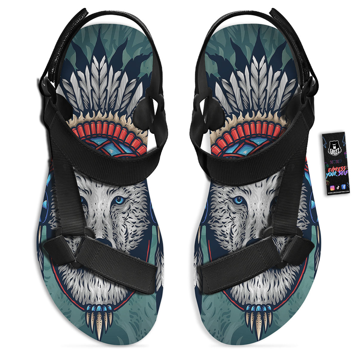 Spirit Animal Native American Wolf Print Black Open Toe Sandals-grizzshop