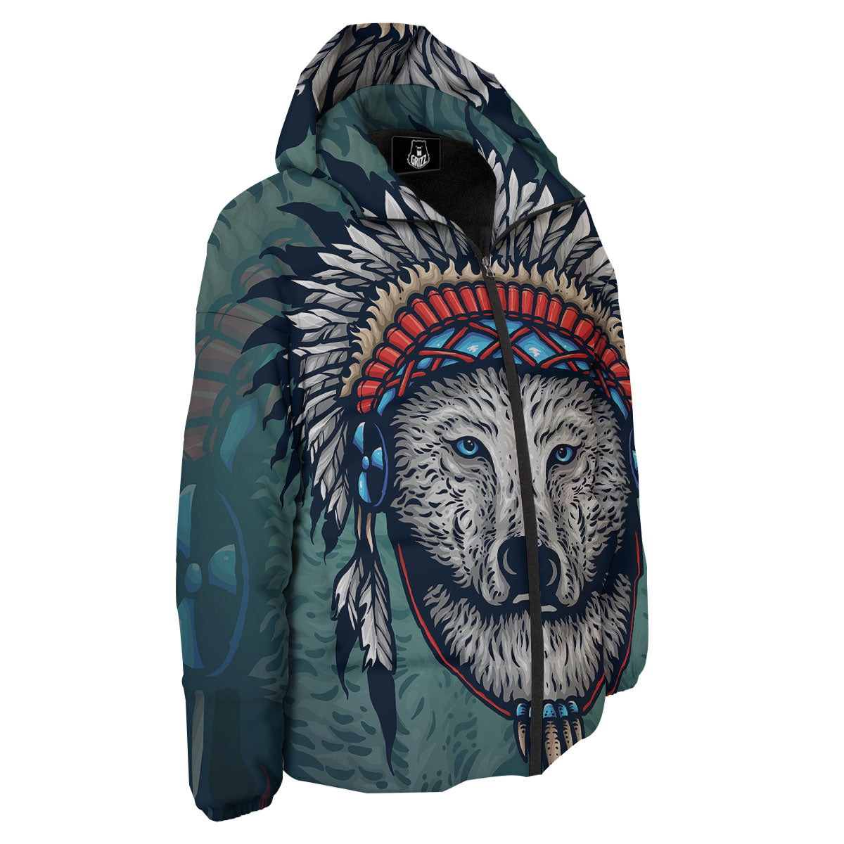 Spirit Animal Native American Wolf Print Down Jacket-grizzshop