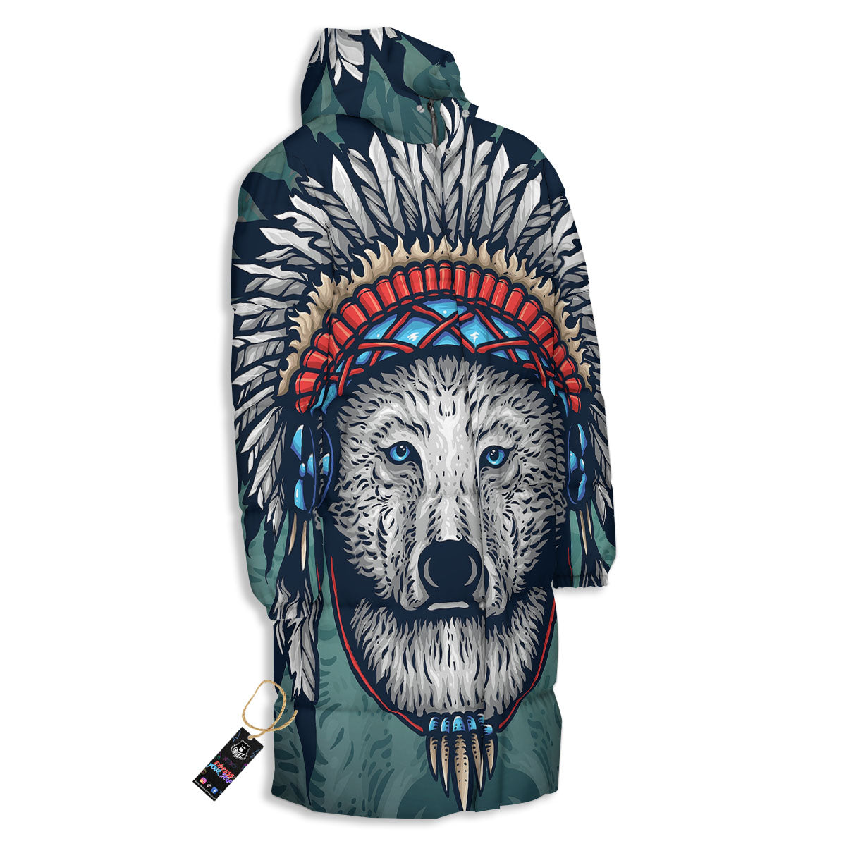 Spirit Animal Native American Wolf Print Long Down Jacket-grizzshop