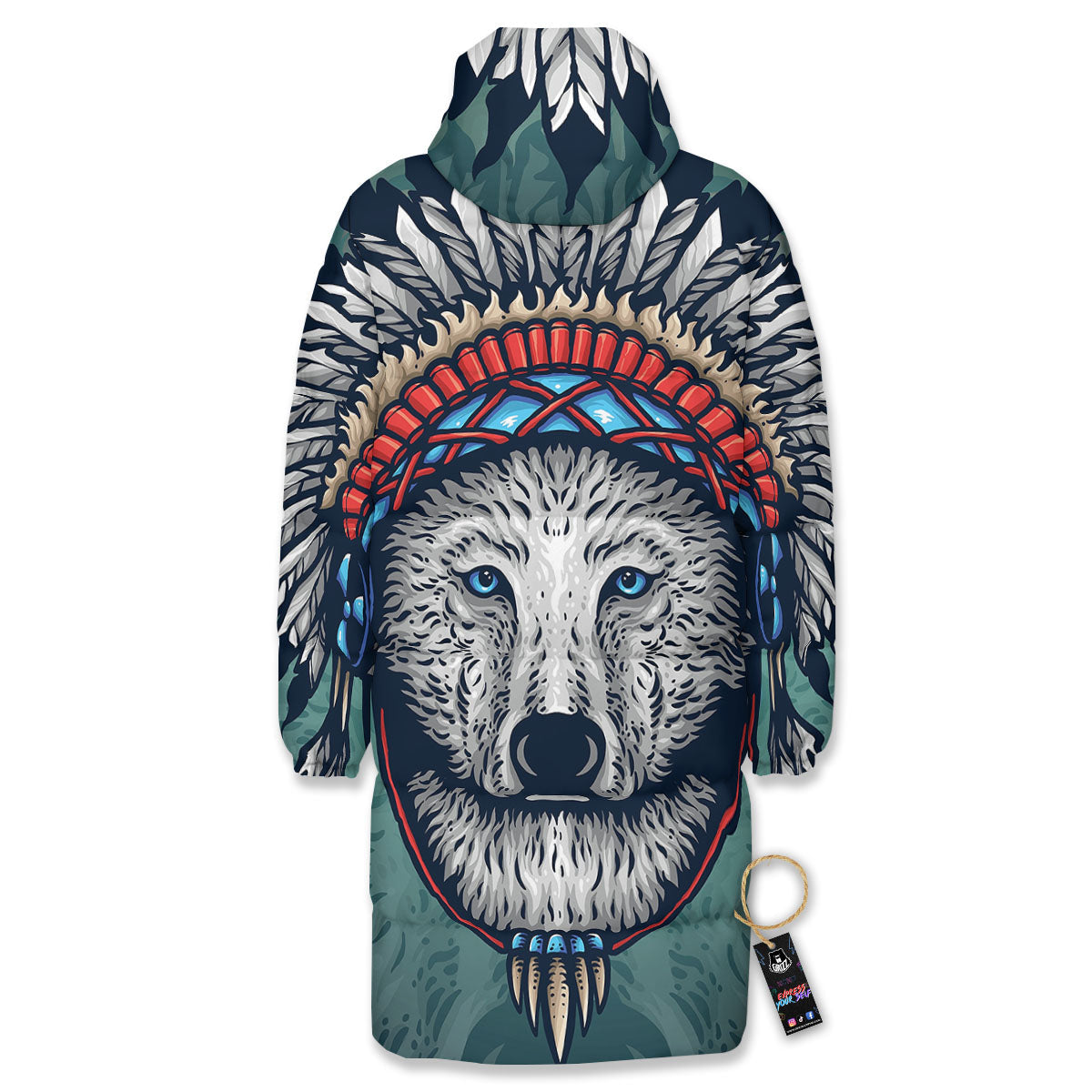 Spirit Animal Native American Wolf Print Long Down Jacket-grizzshop