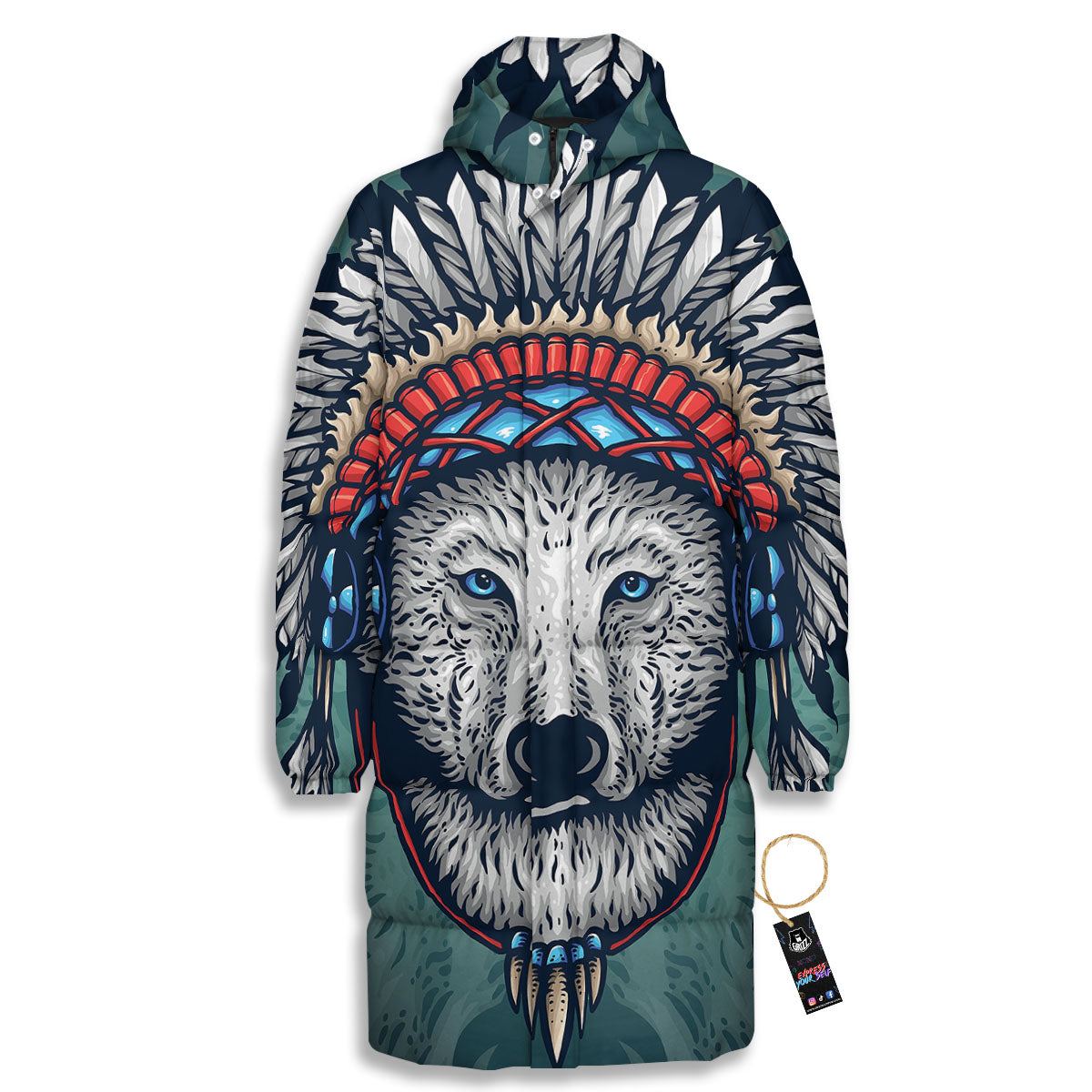 Spirit Animal Native American Wolf Print Long Down Jacket-grizzshop