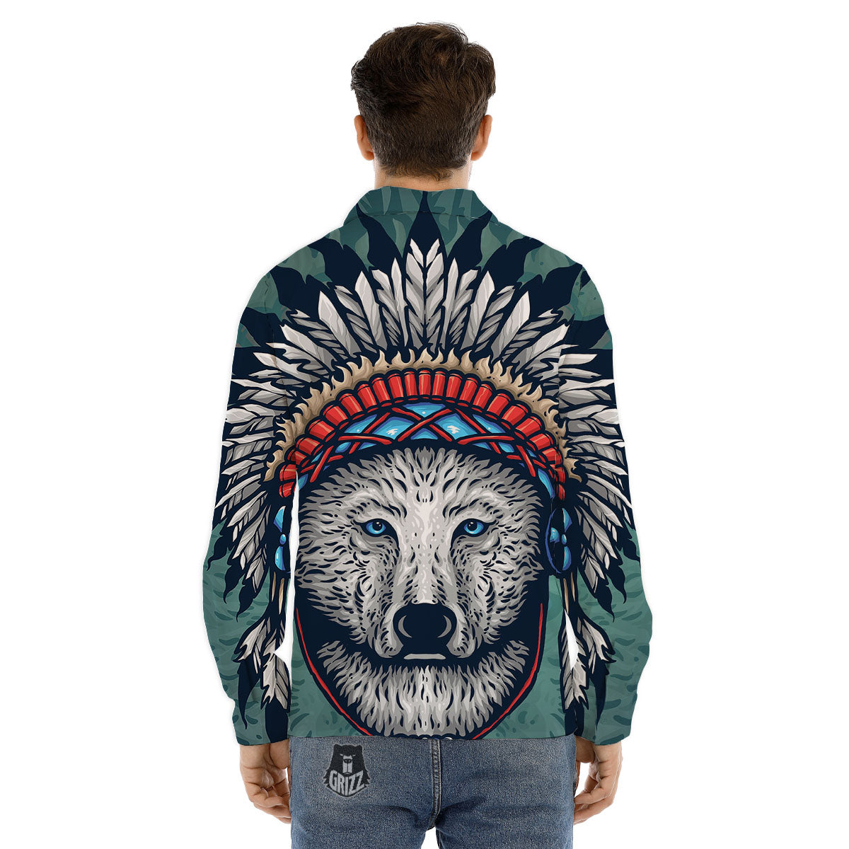 Spirit Animal Native American Wolf Print Men's Dress Shirts-grizzshop