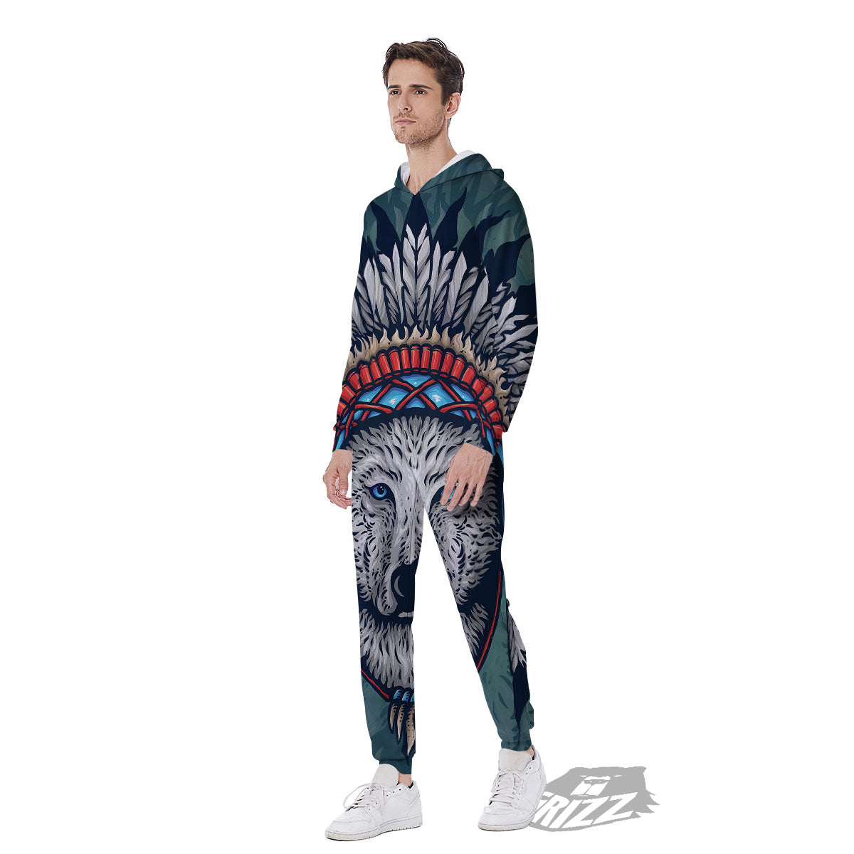 Spirit Animal Native American Wolf Print Men's Jumpsuit-grizzshop