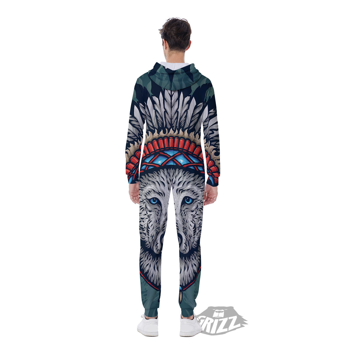 Spirit Animal Native American Wolf Print Men's Jumpsuit-grizzshop