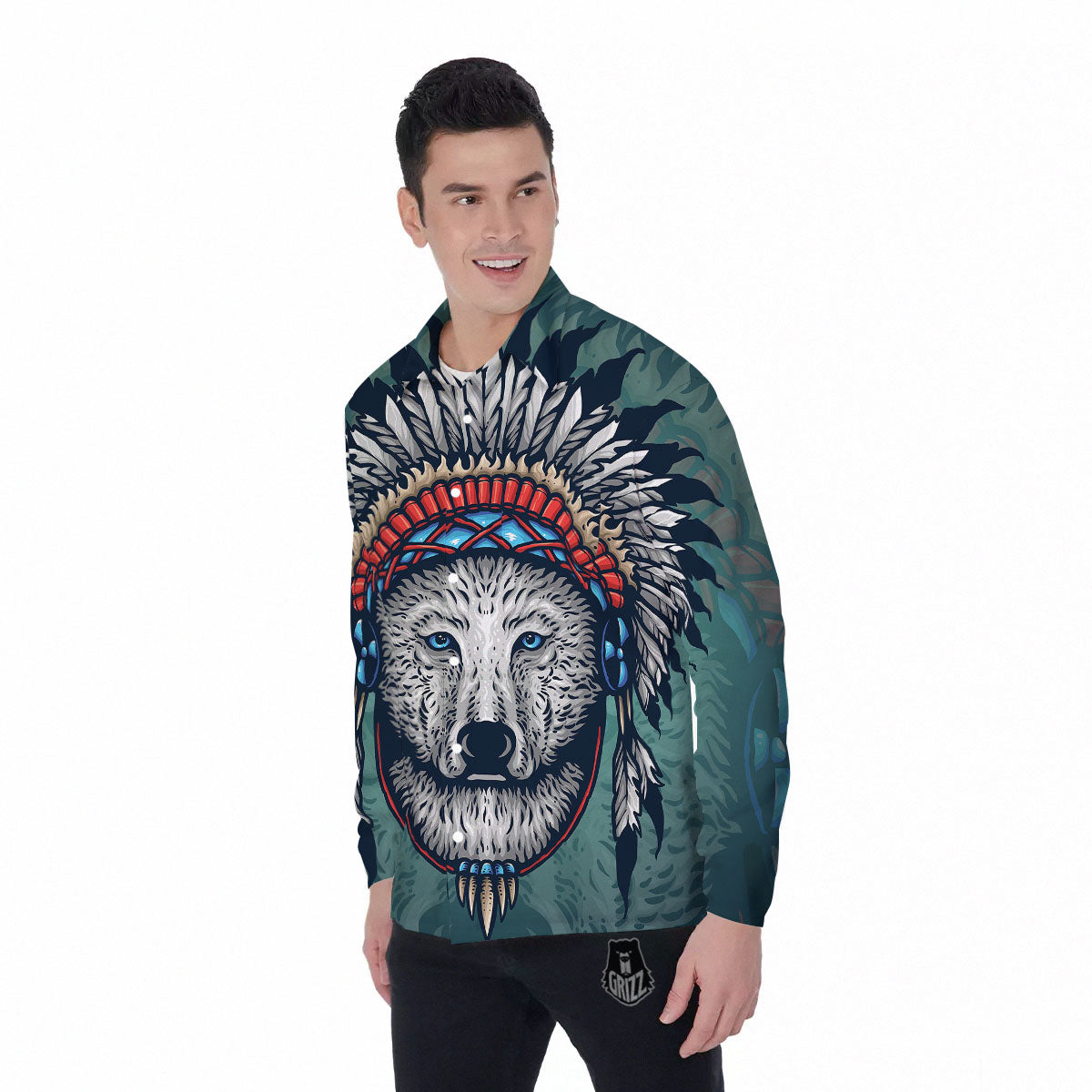 Spirit Animal Native American Wolf Print Men's Long Sleeve Shirts-grizzshop