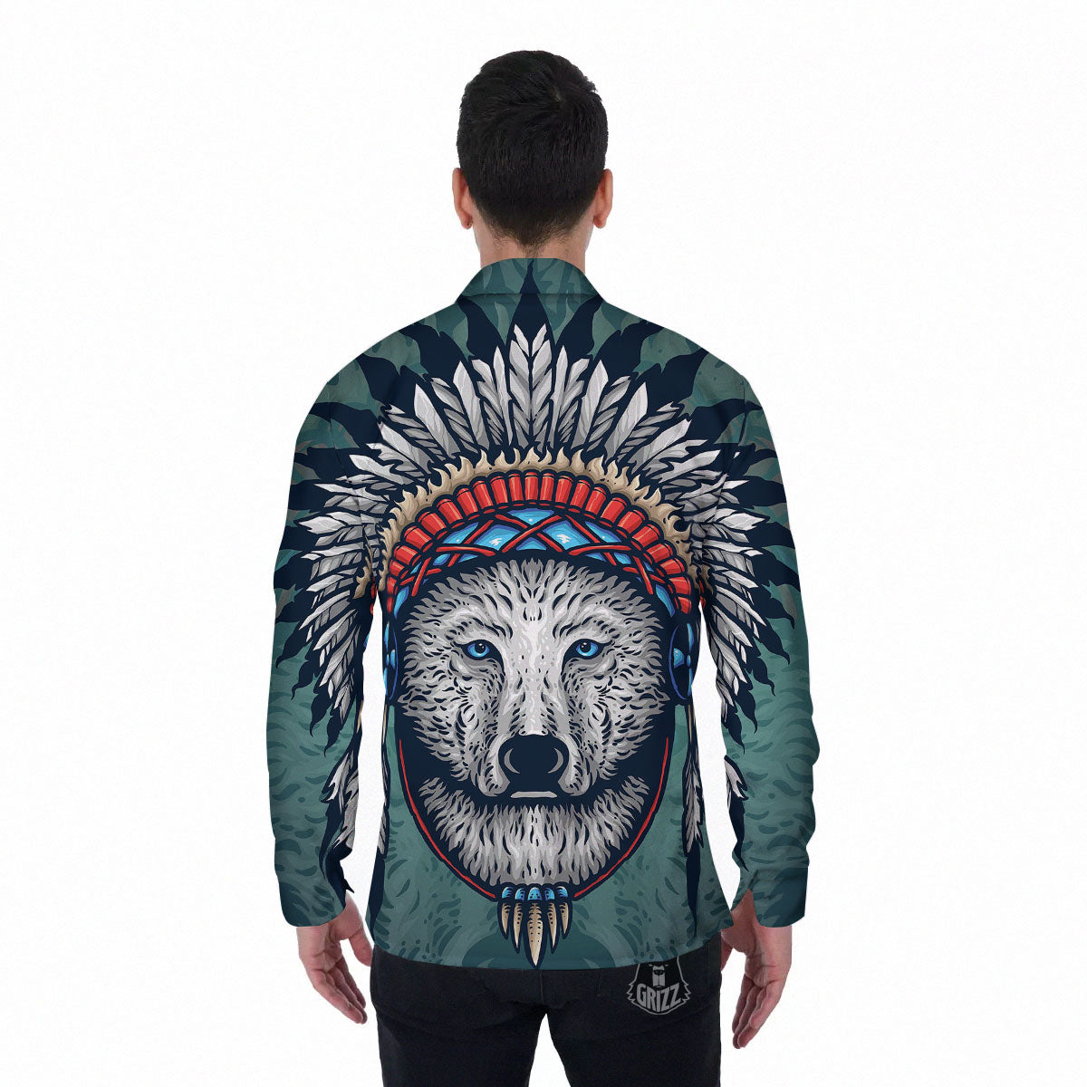 Spirit Animal Native American Wolf Print Men's Long Sleeve Shirts-grizzshop