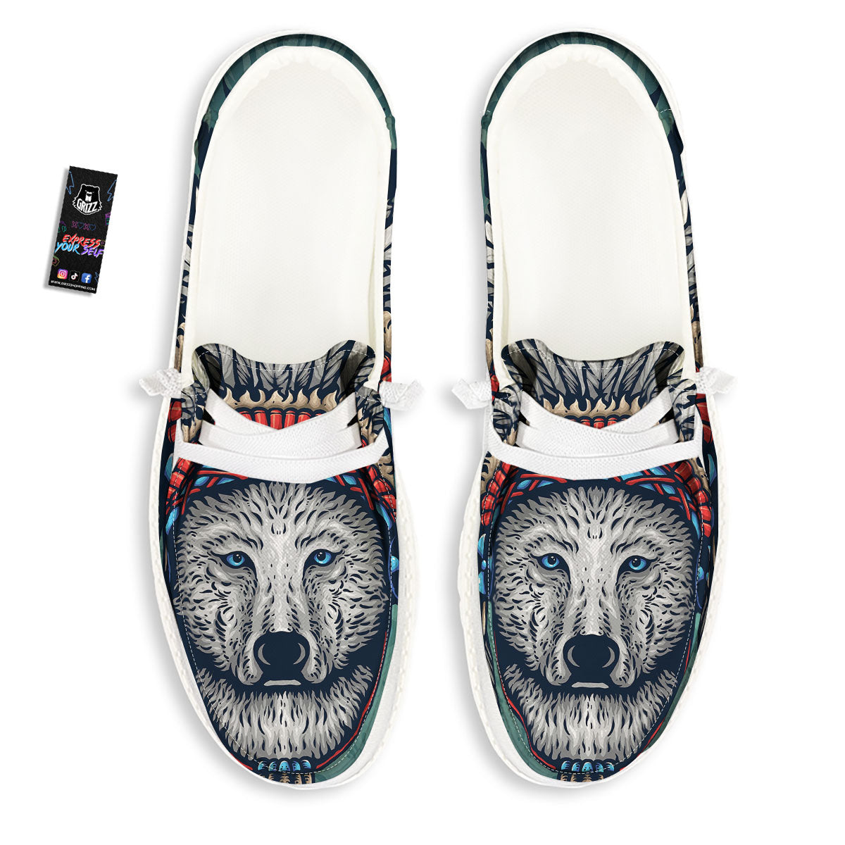 Spirit Animal Native American Wolf Print White Loafers-grizzshop