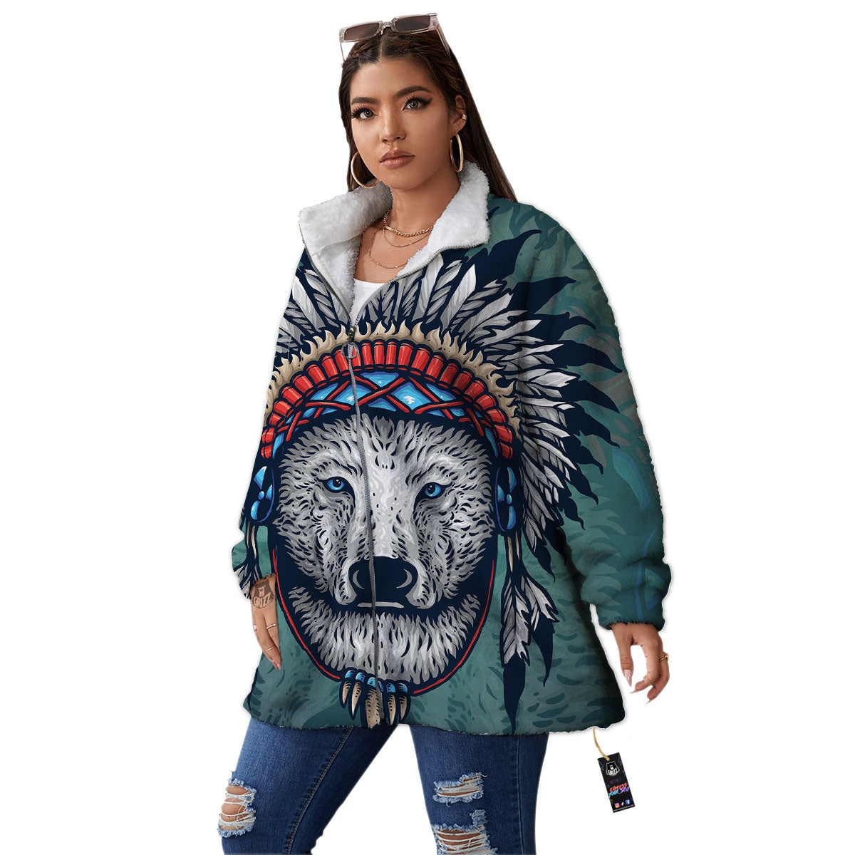 Spirit Animal Native American Wolf Print Women's Sherpa Jacket-grizzshop
