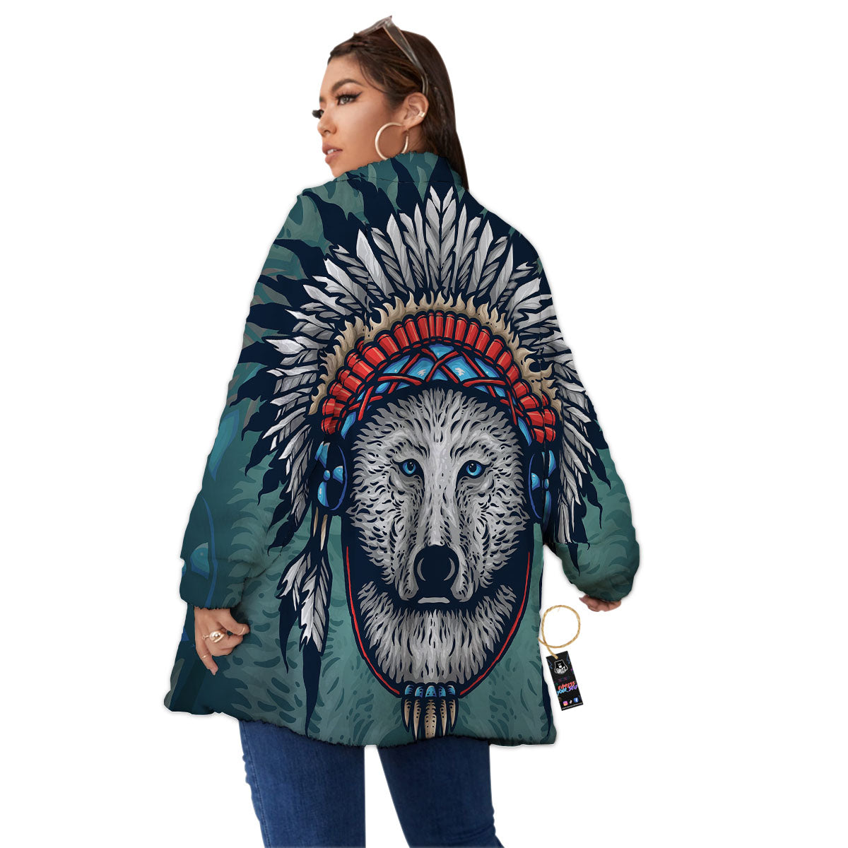 Spirit Animal Native American Wolf Print Women's Sherpa Jacket-grizzshop