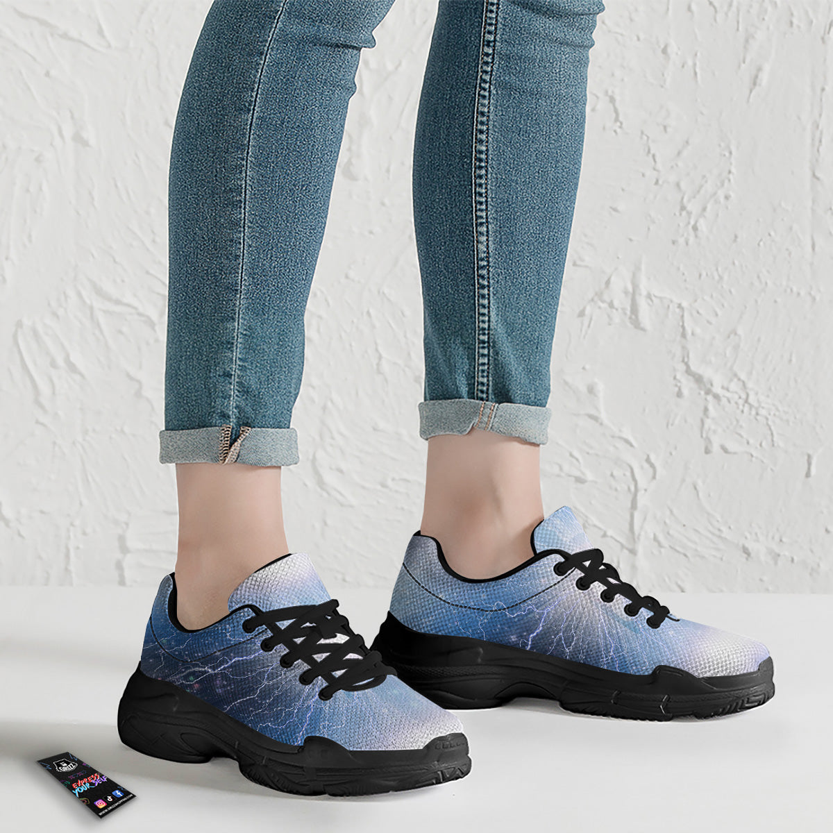 Spirit Blue Abstract Print Black Chunky Shoes-grizzshop