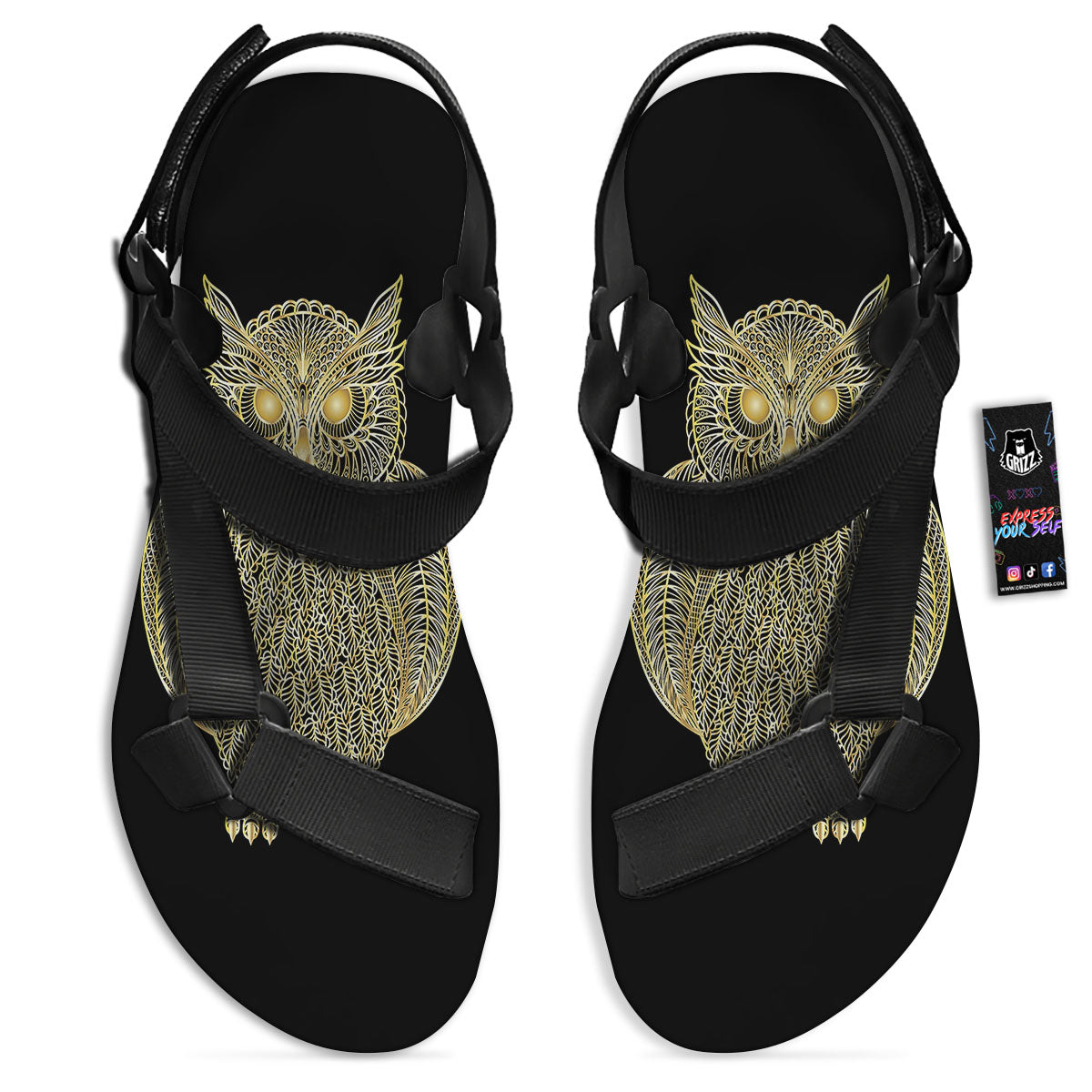 Spirit Owl Gold Print Black Open Toe Sandals-grizzshop