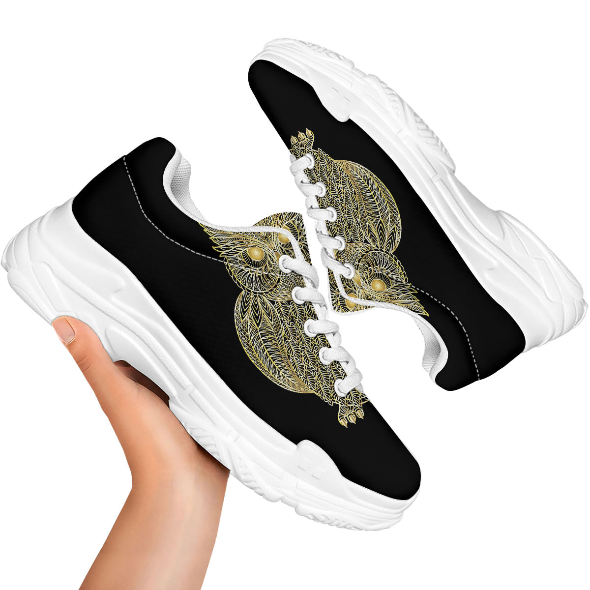 Spirit Owl Gold Print White Chunky Shoes-grizzshop