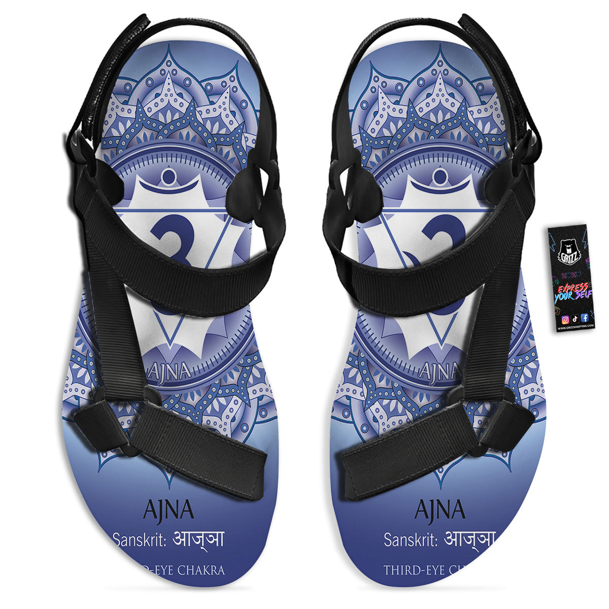 Spiritual Ajna Chakra Print Black Open Toe Sandals-grizzshop