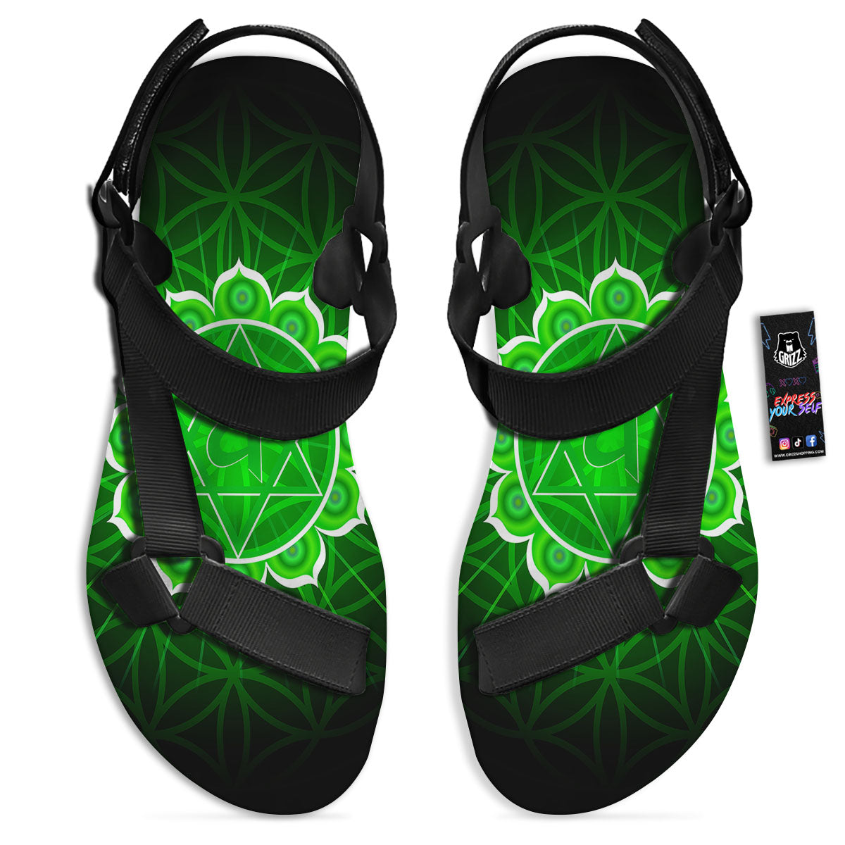 Spiritual Anahata Chakra Print Black Open Toe Sandals-grizzshop