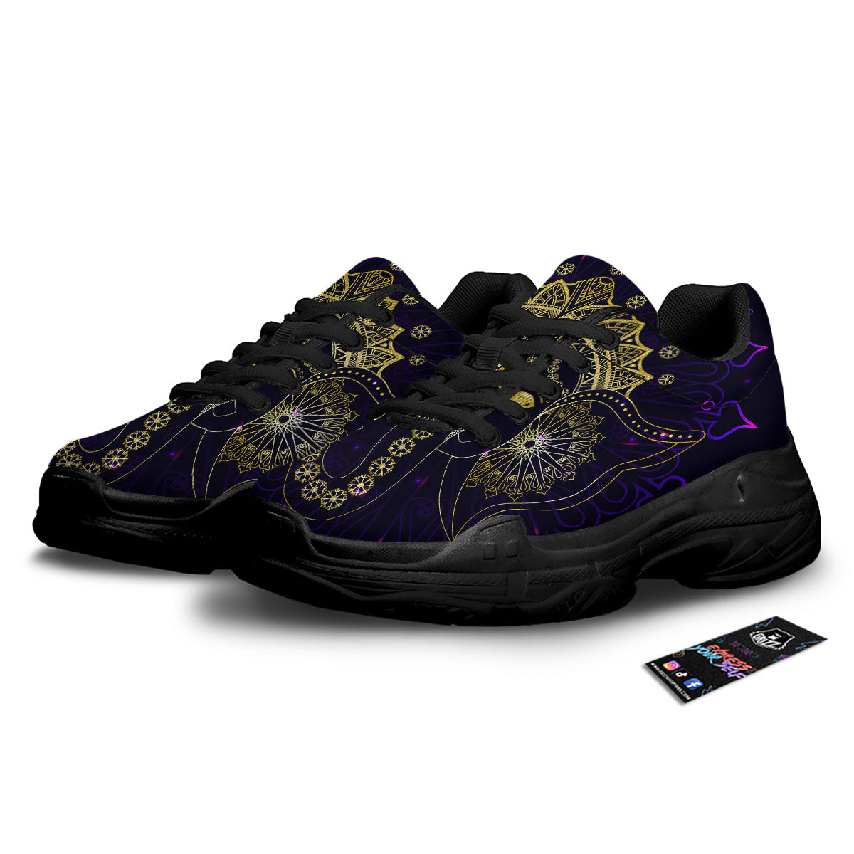 Spiritual Elephant Indian Tribal Print Black Chunky Shoes-grizzshop