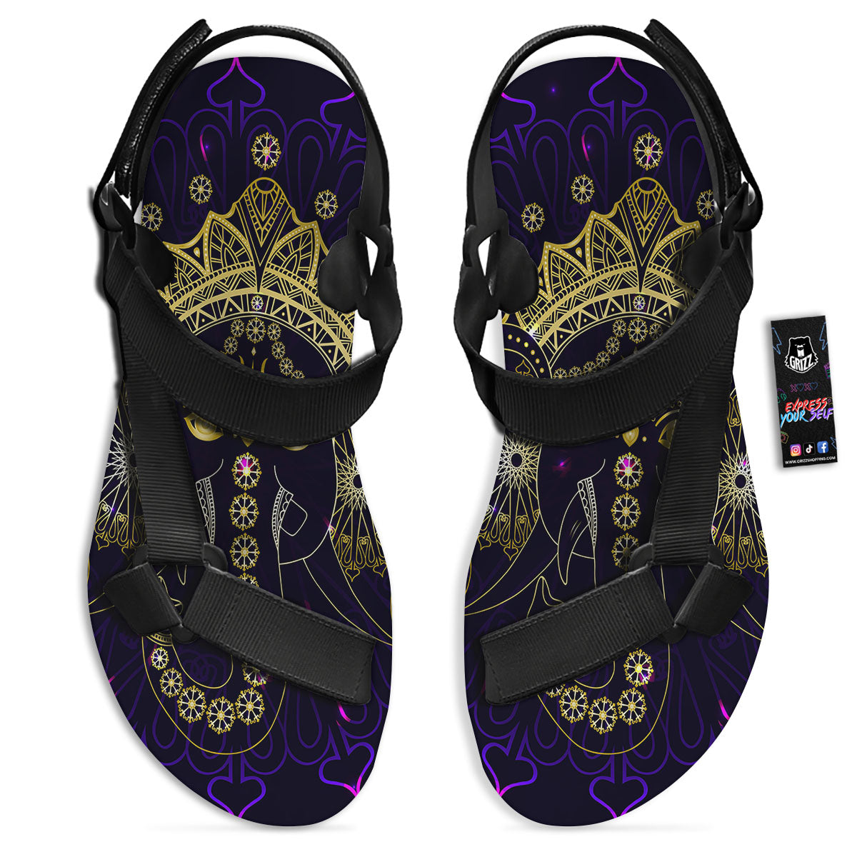 Spiritual Elephant Indian Tribal Print Black Open Toe Sandals-grizzshop