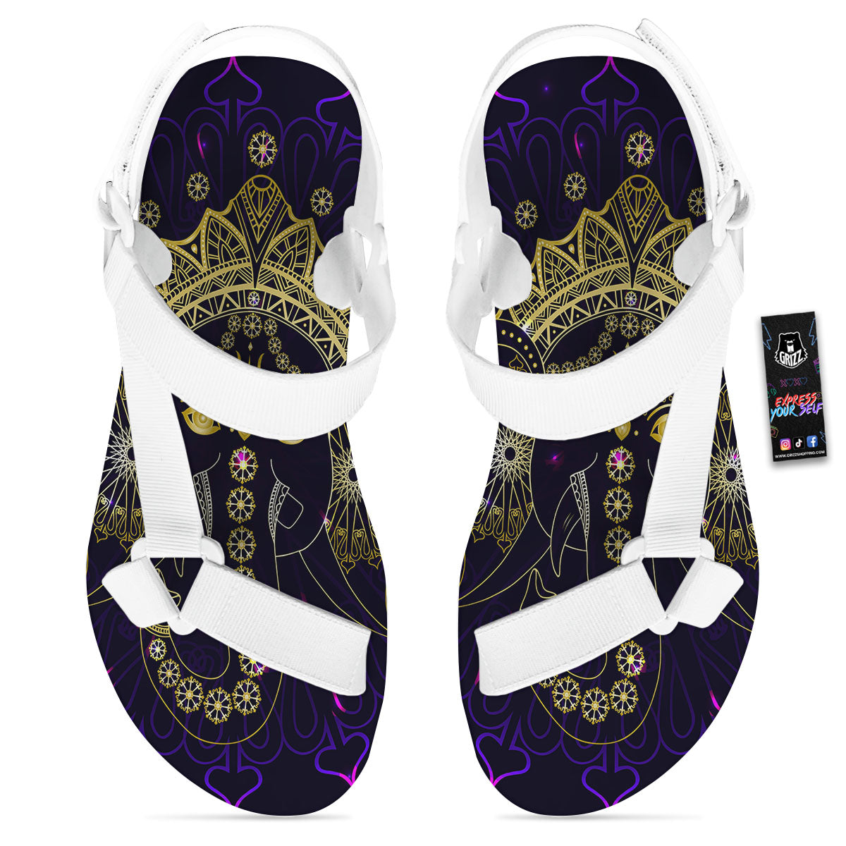 Spiritual Elephant Indian Tribal Print White Open Toe Sandals-grizzshop