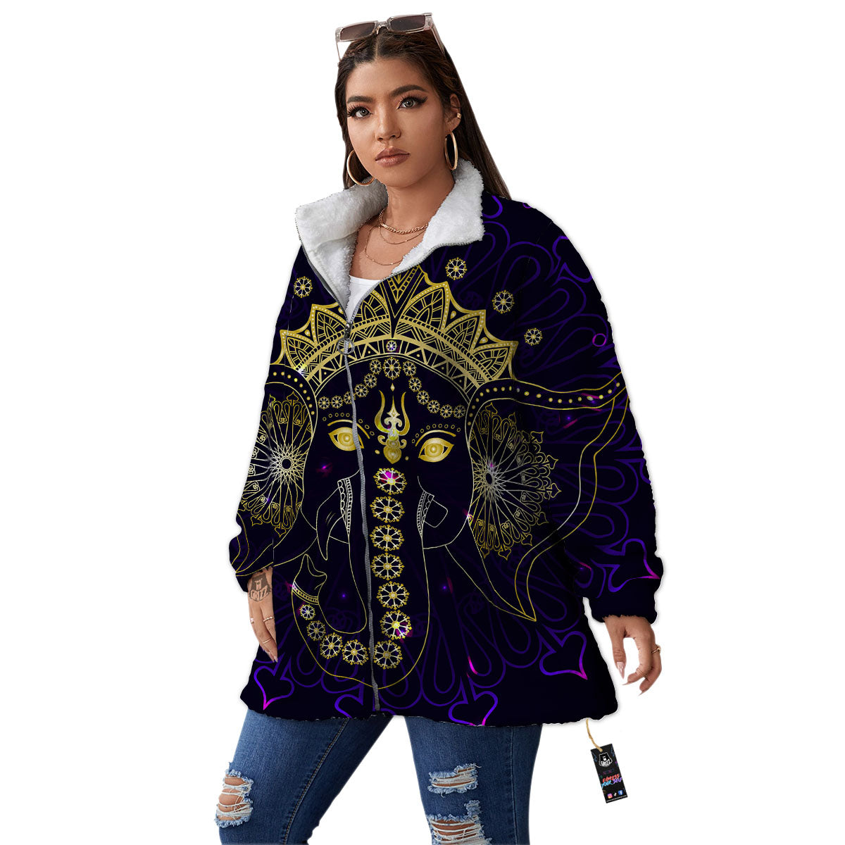 Spiritual Elephant Indian Tribal Print Women's Sherpa Jacket-grizzshop